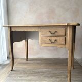 Antique 2-drawer desk in raw wood and beige, renovated.