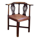 19th century corner armchair in solid pegged oak and imitation leather