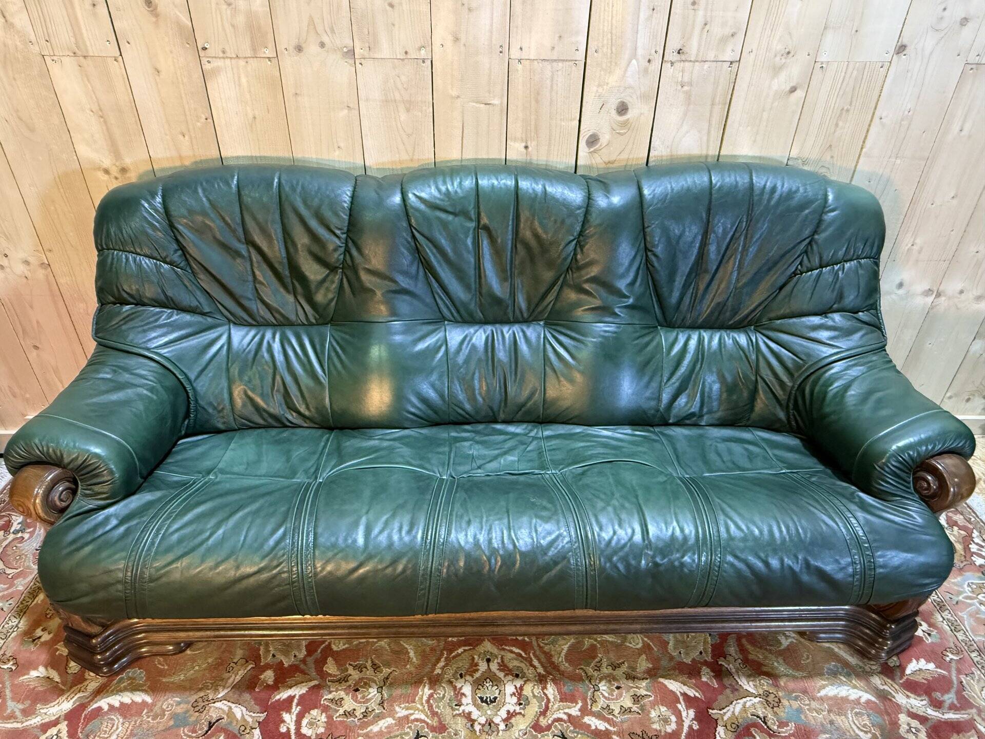 Salon canapé et deux fauteuils anglais "Oxford" en cuir et bois de chêne