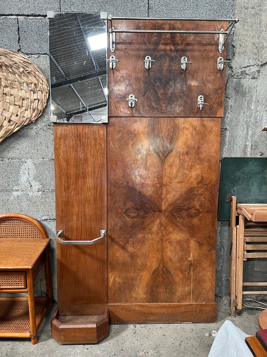 Art deco entrance wardrobe in mahogany veneer with 6 partères, double rod and mirror - 1940