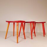 Swedish stools in red lacquered birch, Yngve Ekström "Palle", 1970s