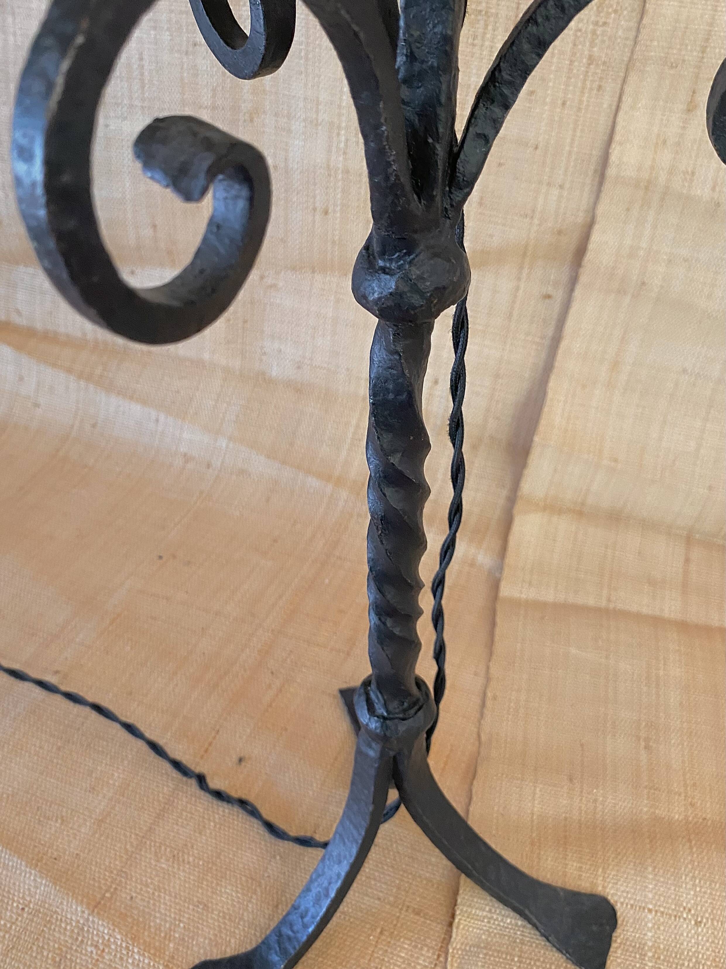 1970s wrought iron lamp, new 2m fabric cable, lampshade.