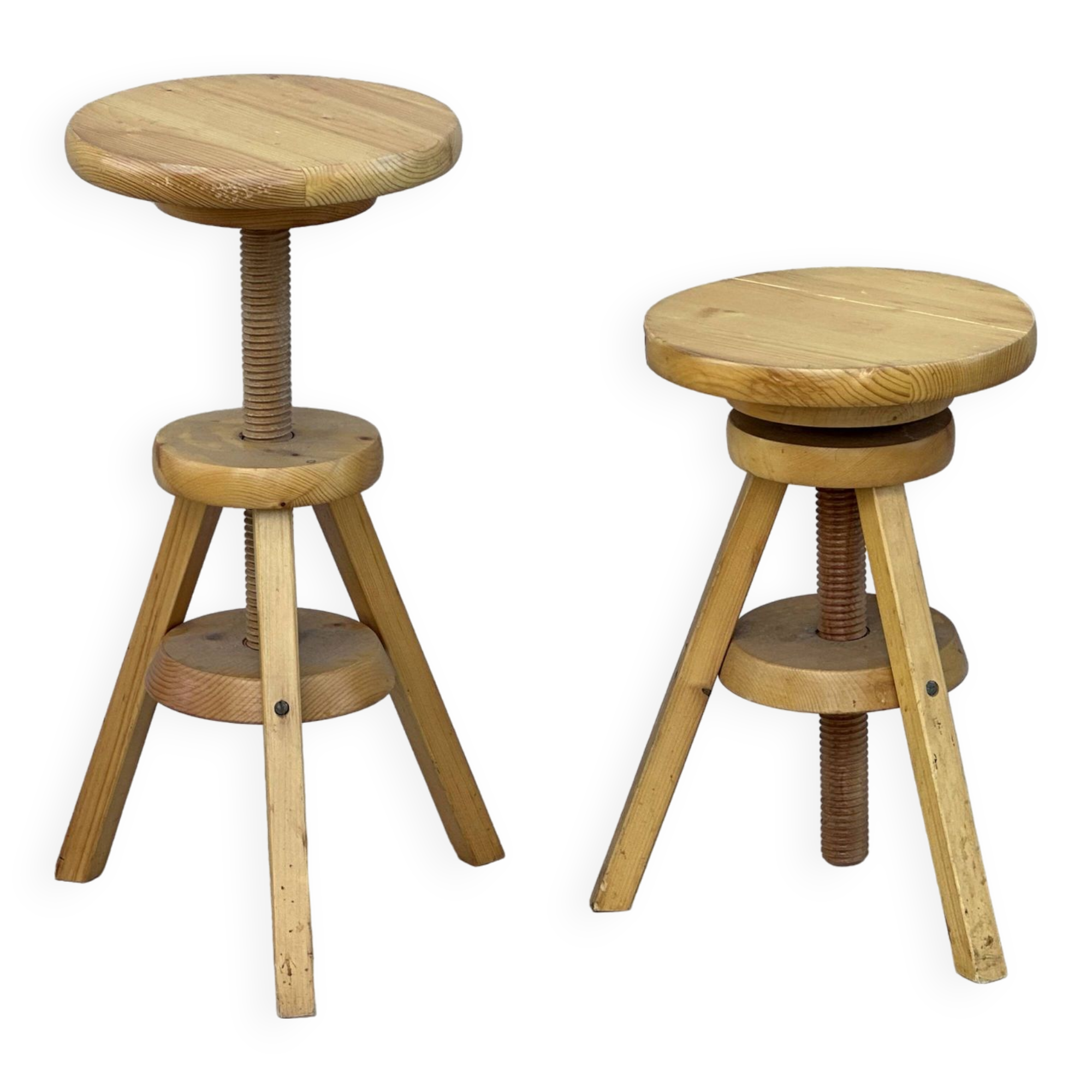 2 wooden screw stools