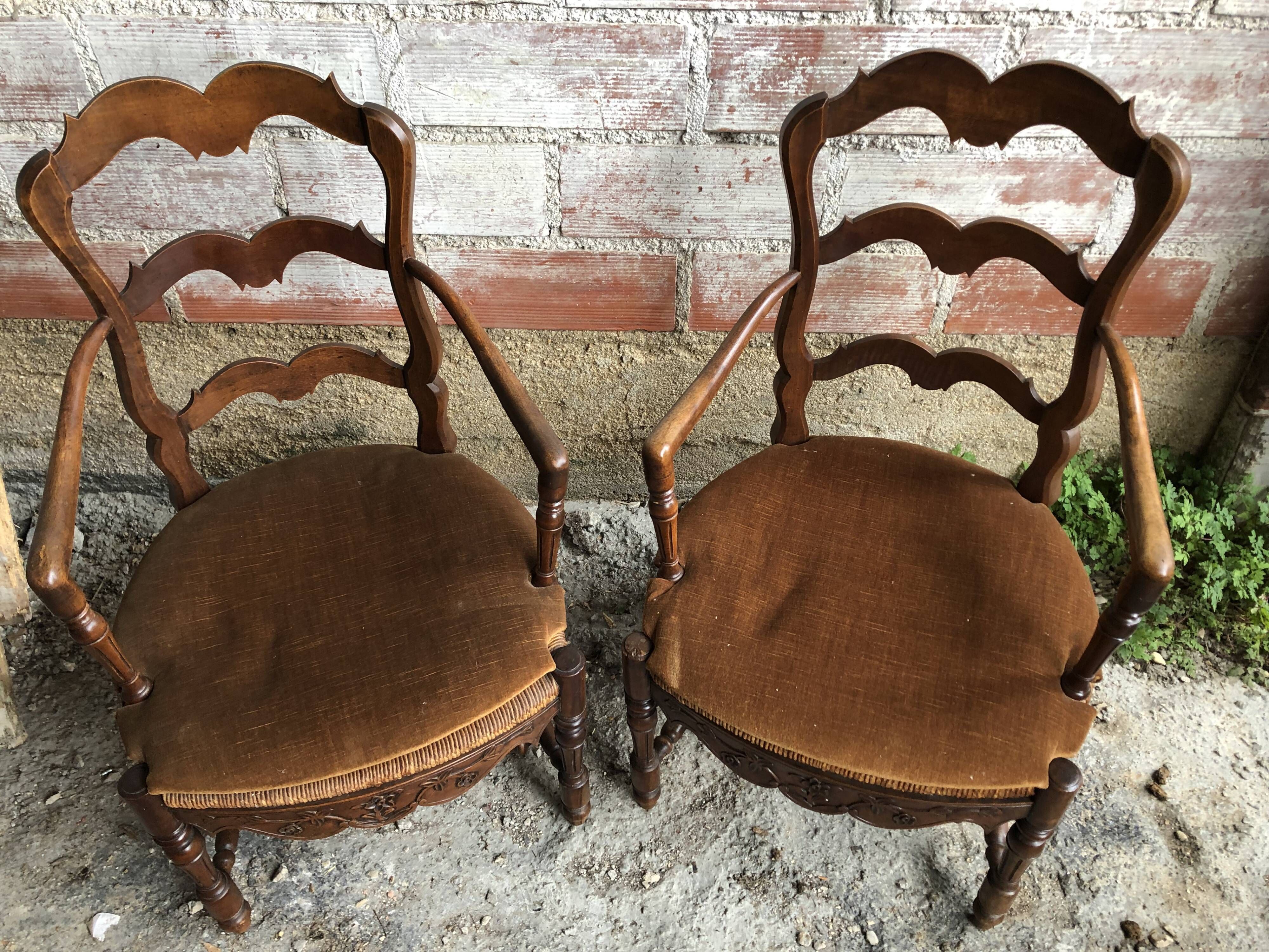 Pair Old Armchair Needle Wood Carved & Seat Paillé + Vintage Fabric Cover