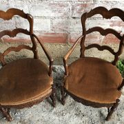 Pair Old Armchair Needle Wood Carved & Seat Paillé + Vintage Fabric Cover