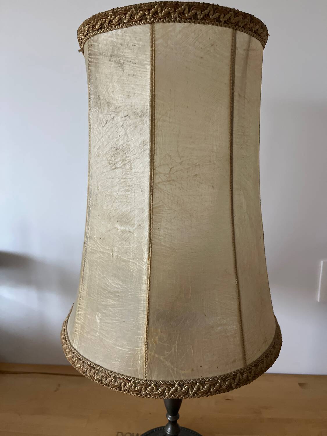 Vintage table lamp, front light, rice paper, pewter base, signed