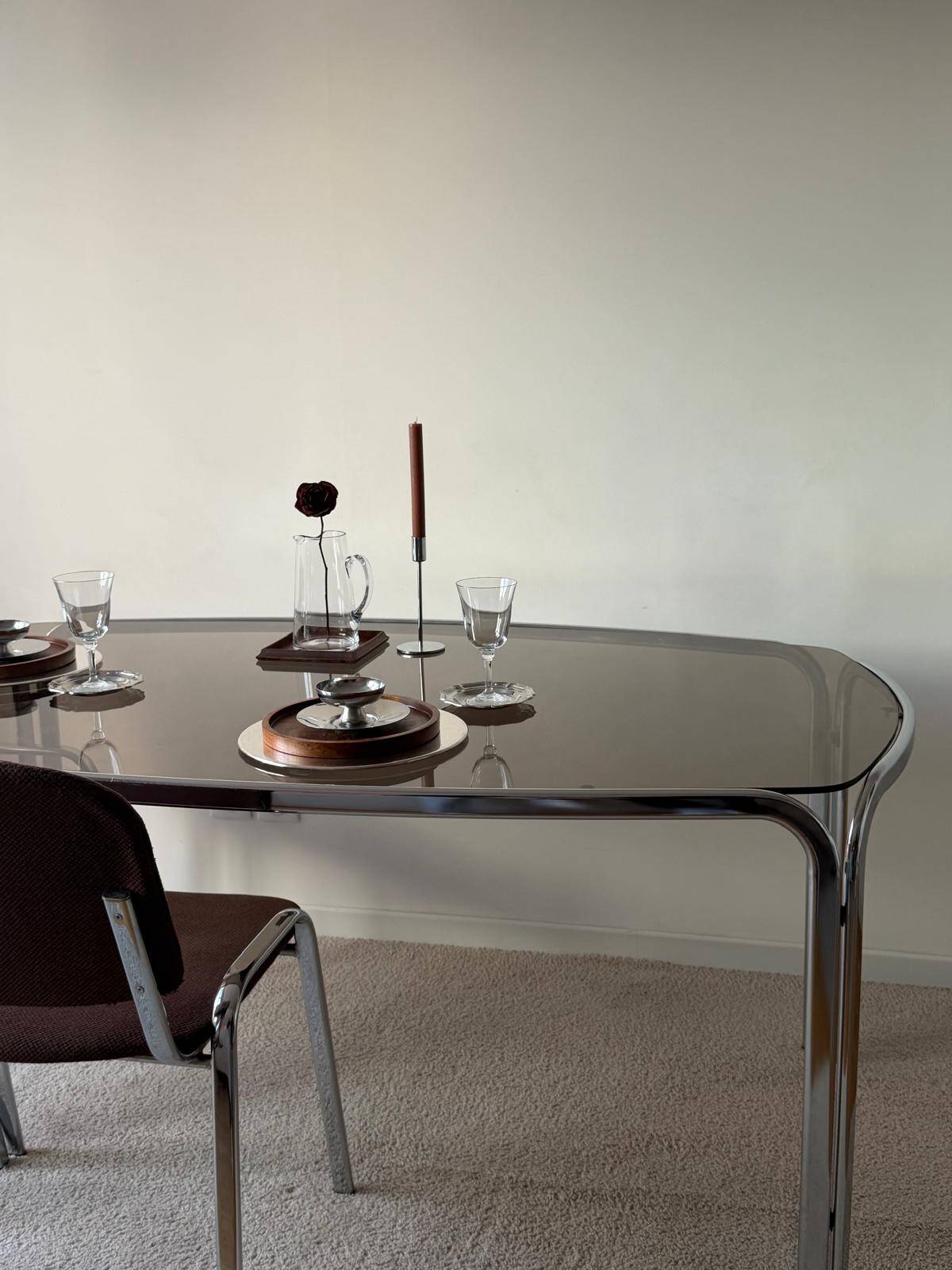 Space age dining table in smoked glass & chrome