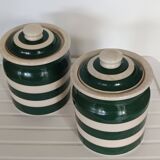 Pair of collector's English Cornishware pots with green stripes from the 1960s.