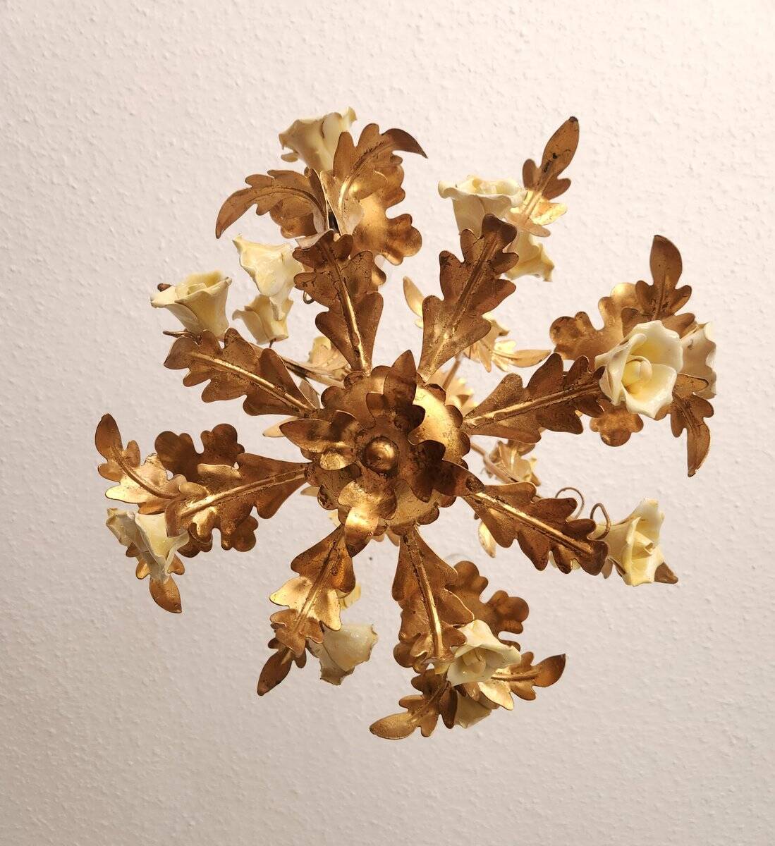 Hollywood Regency Vintage gold plated ceiling lamp porcelain roses Italy