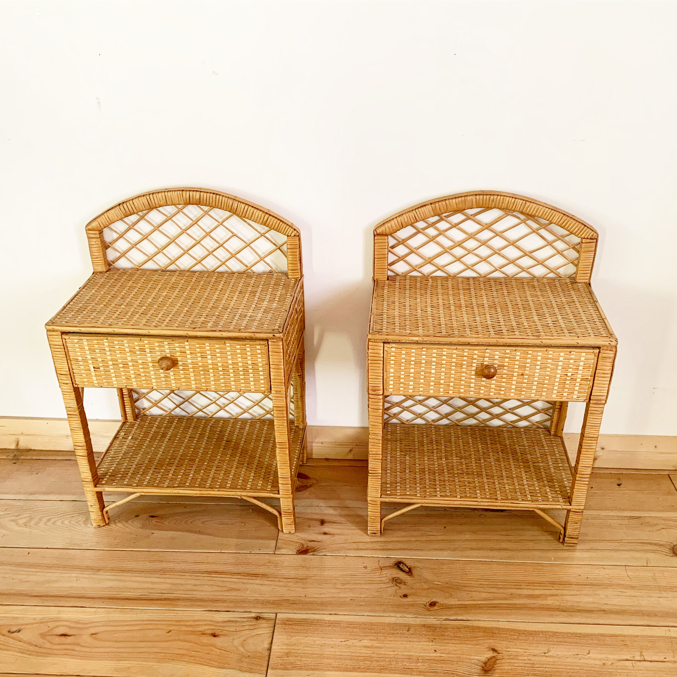 Pair of vintage wicker and rattan bedside tables