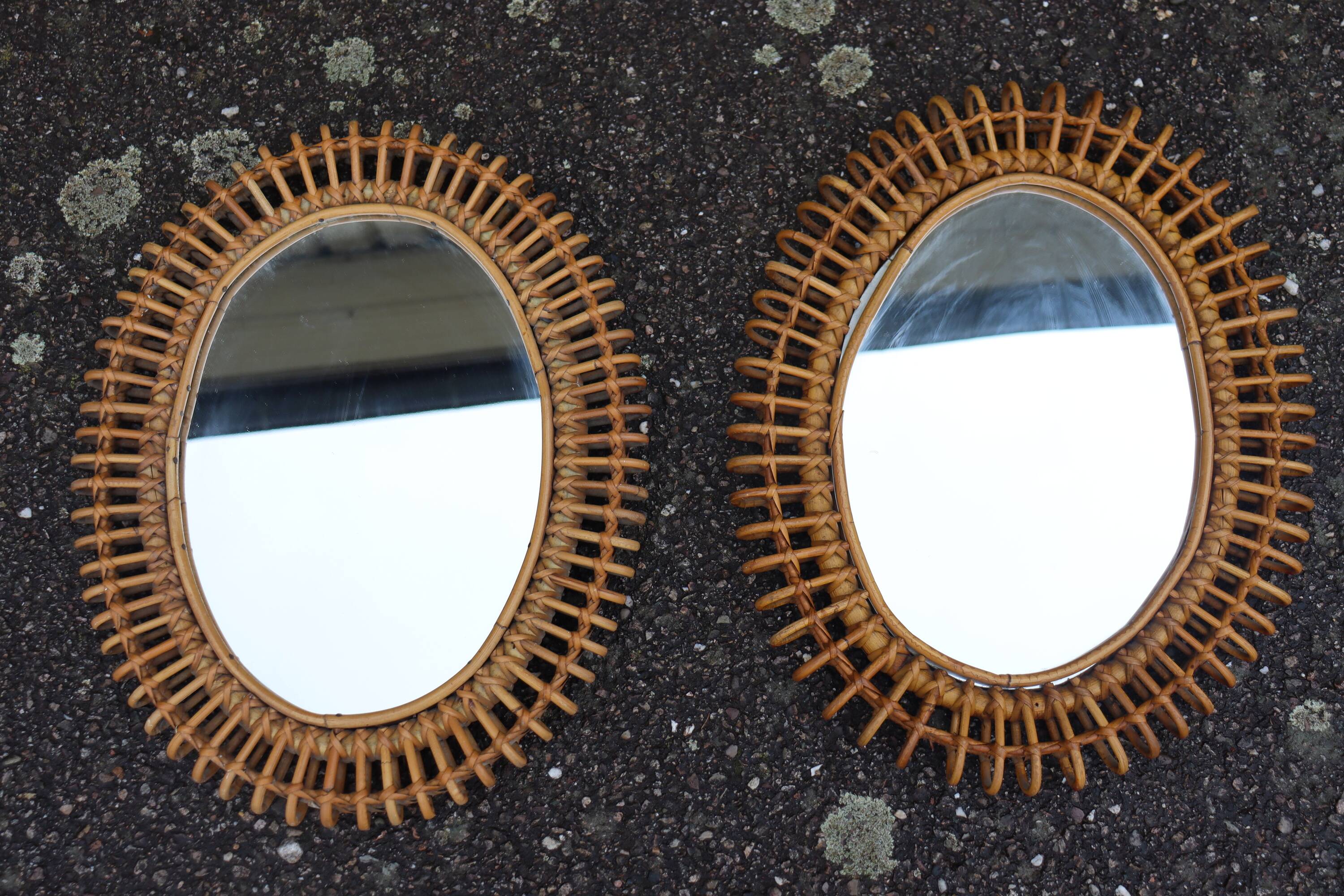 Pair of rattan mirrors attributed to Franco Albini, Italy 1950.