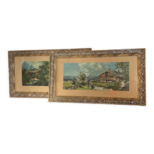Paire de tableaux paysage de montagne