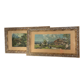 Pair of paintings mountain landscape