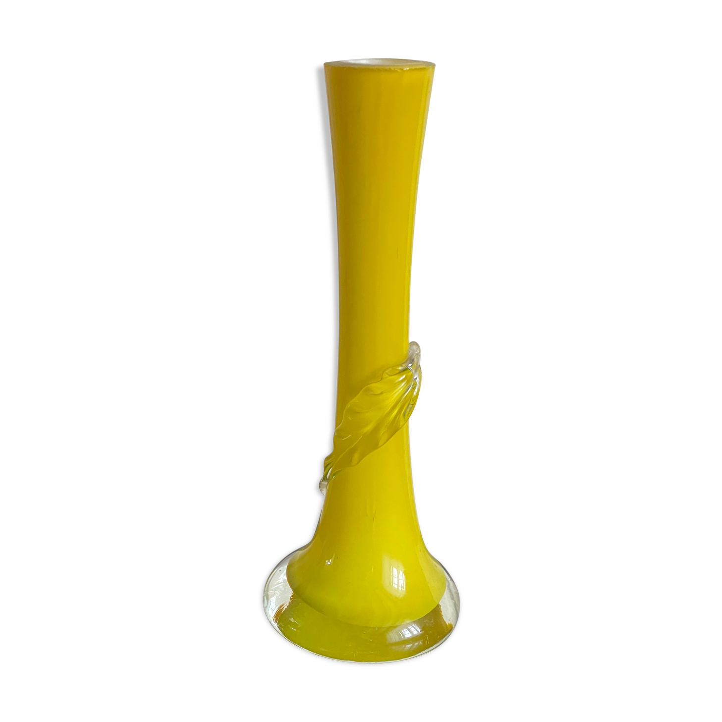 Soliflore jaune avec décor feuille en verre transparent