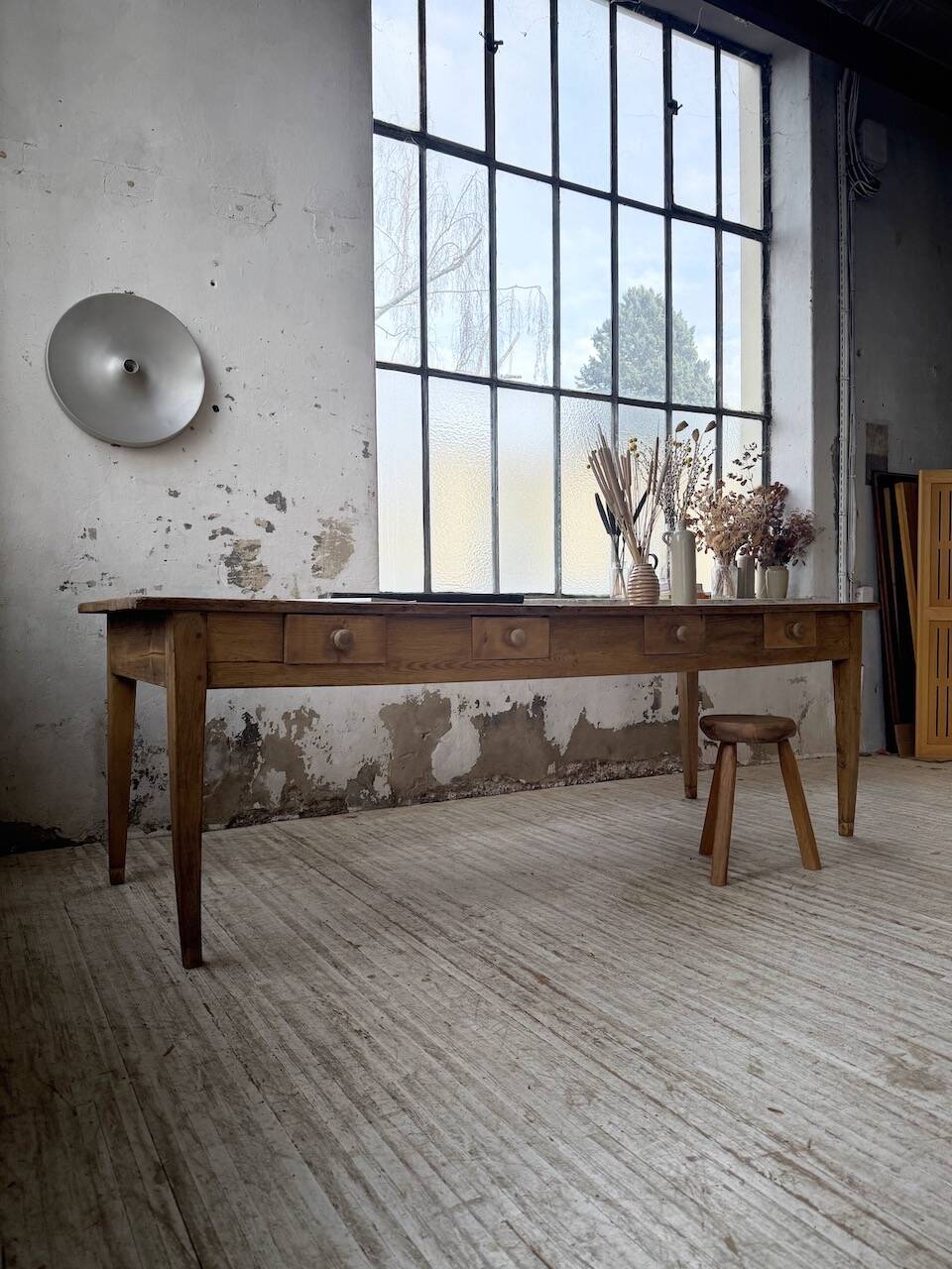 Pine and oak farmhouse table with multiple drawers, communal type, 240cm.