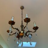 Lustre ancien 6 branches en bronze avec pampilles en cristal
