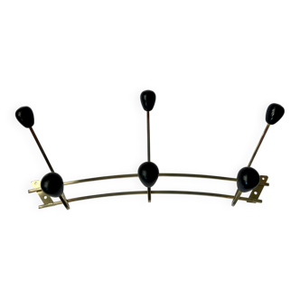 1950s wooden and metal coat rack with 6 hooks