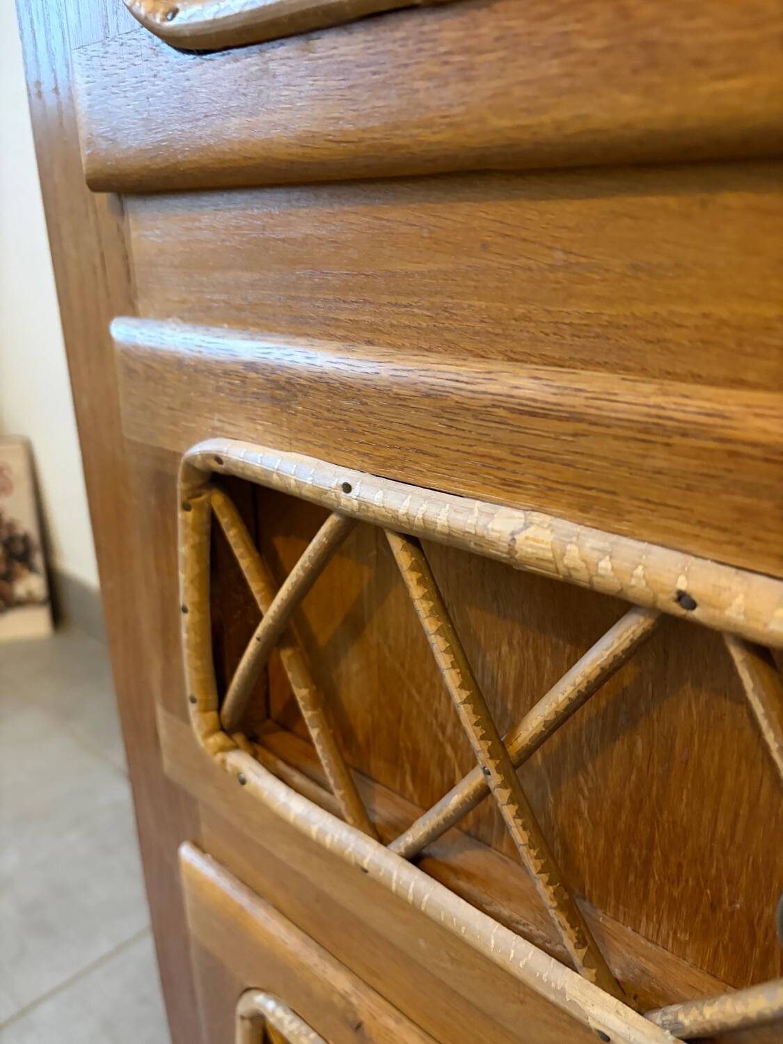 Vintage oak and rattan chest of drawers