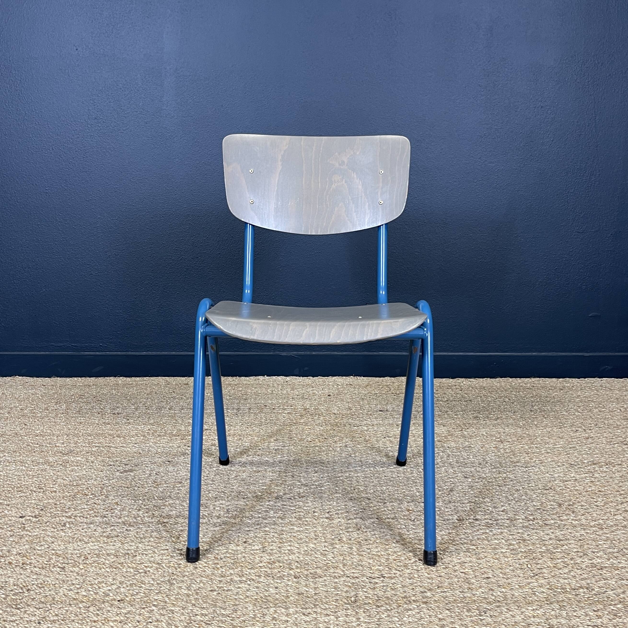 Set of 12 gray wood school chairs with blue feet Netherlands 70s/80s