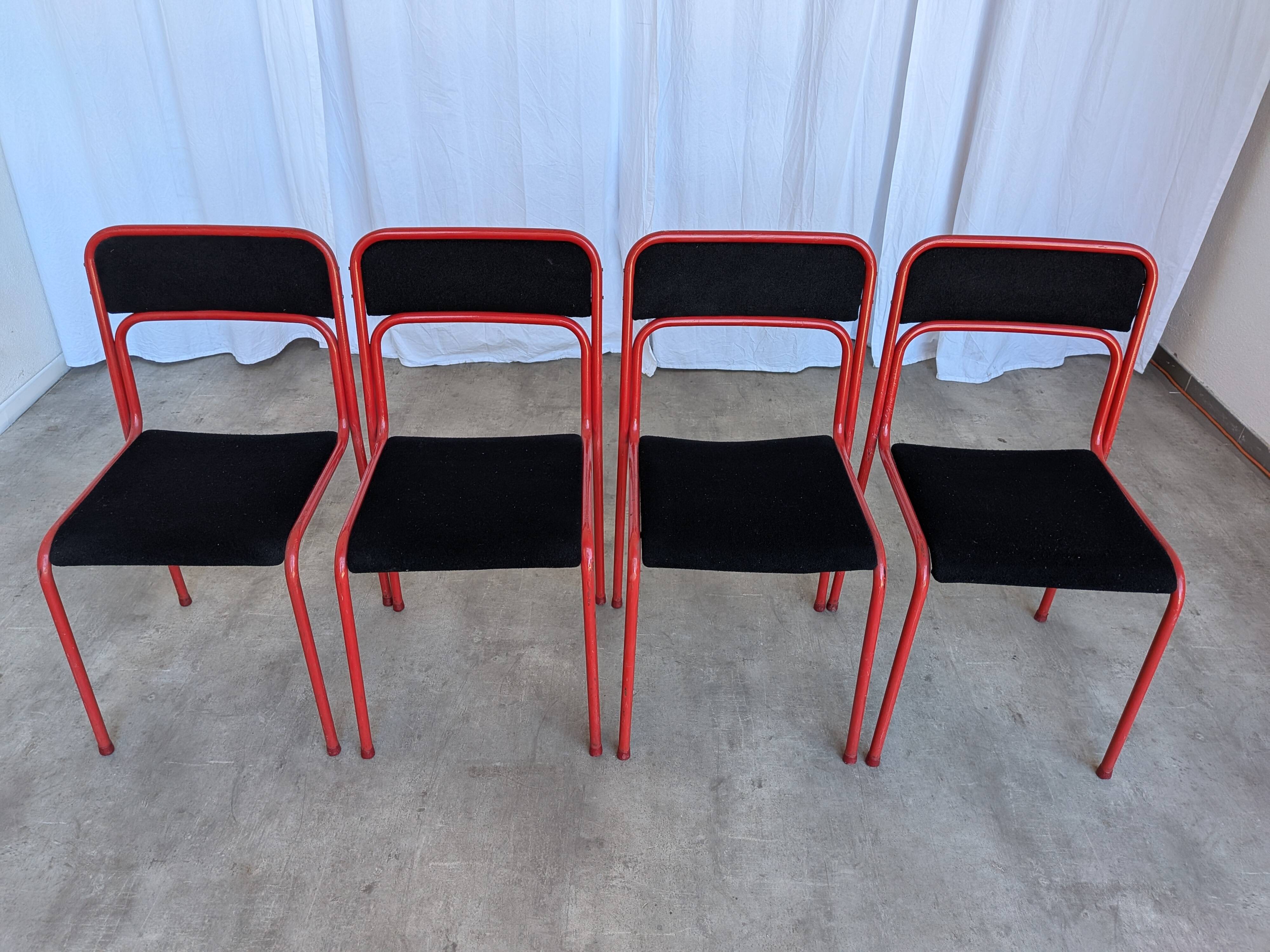 Set of 4 1970s Red & Black Metal Chair: Space Age Stackable Dining Chair