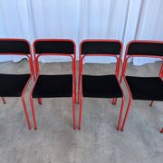 Set of 4 1970s Red & Black Metal Chair: Space Age Stackable Dining Chair