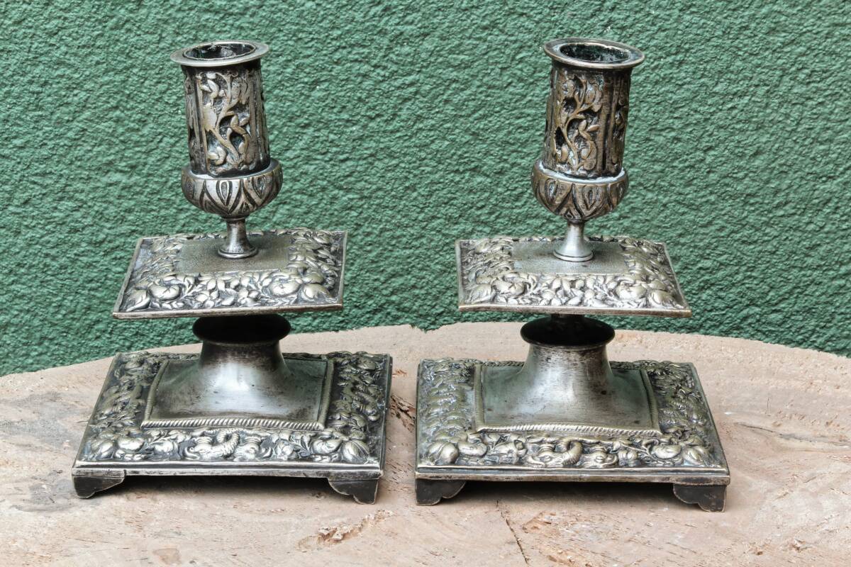 Pair of square candlesticks in patinated bronze