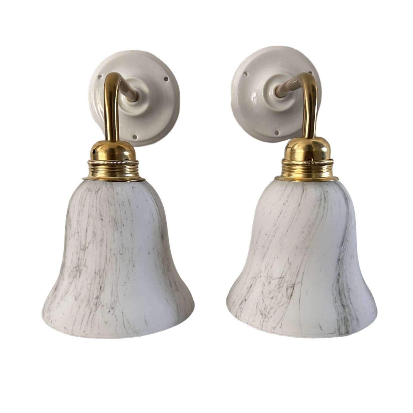 Pair of brass and opaline wall lights