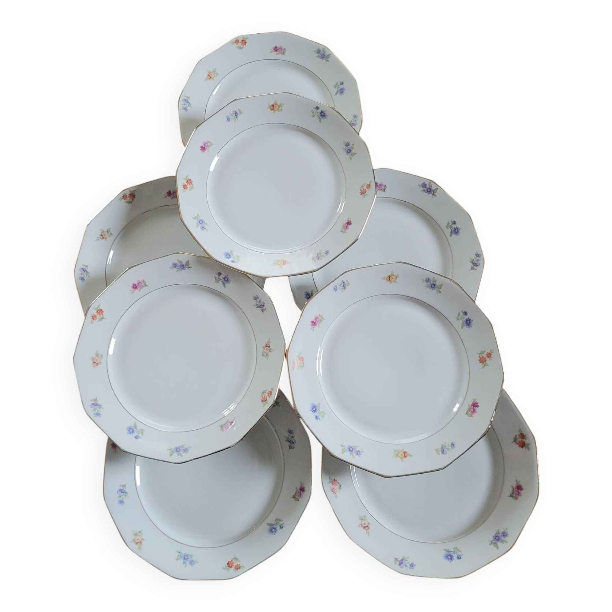 Set of 8 porcelain plates with twelve cut sides - floral decoration and