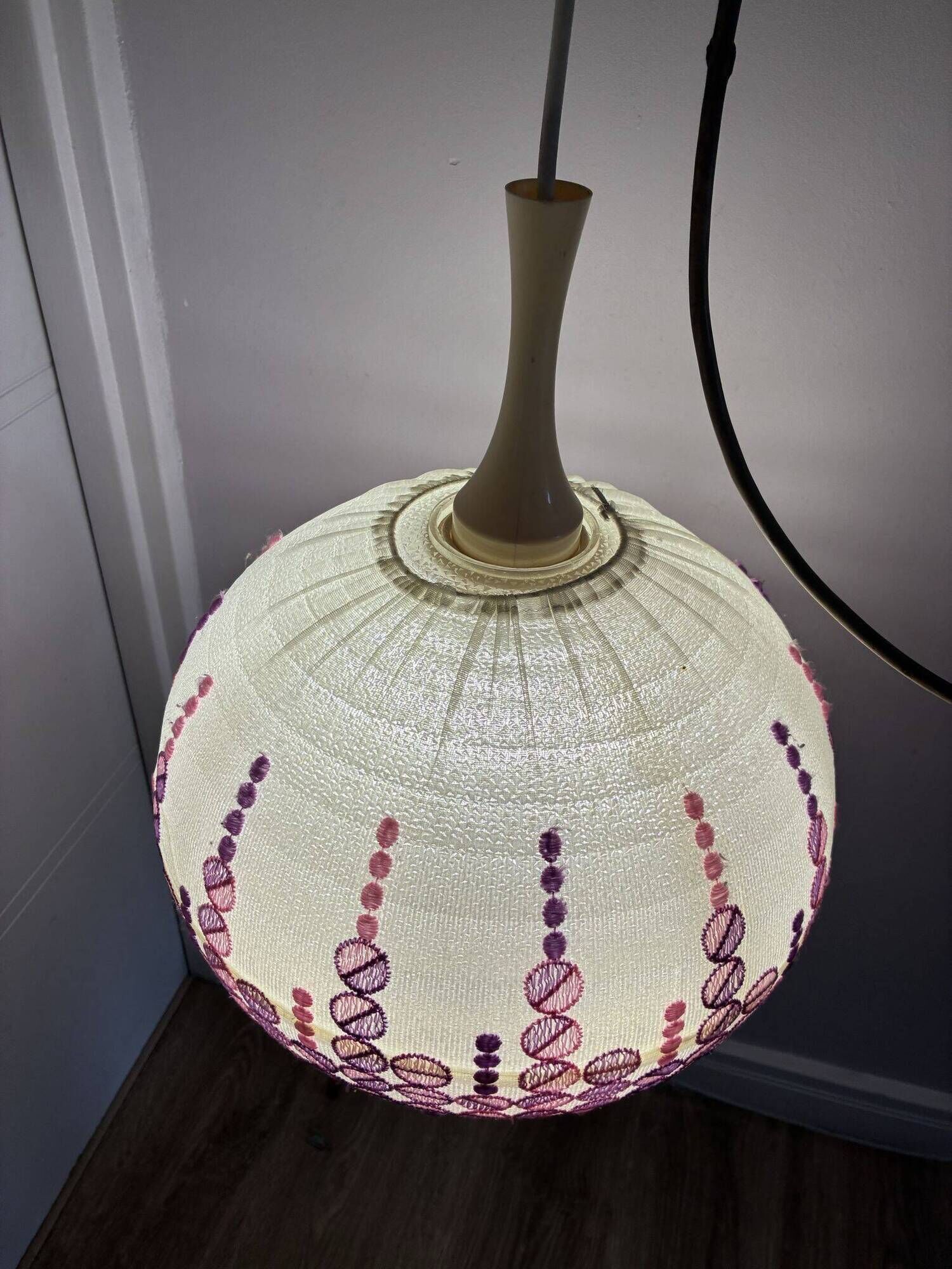 Høyrup Plast Danish pendant lamp, embroidered floral shade, 1960s