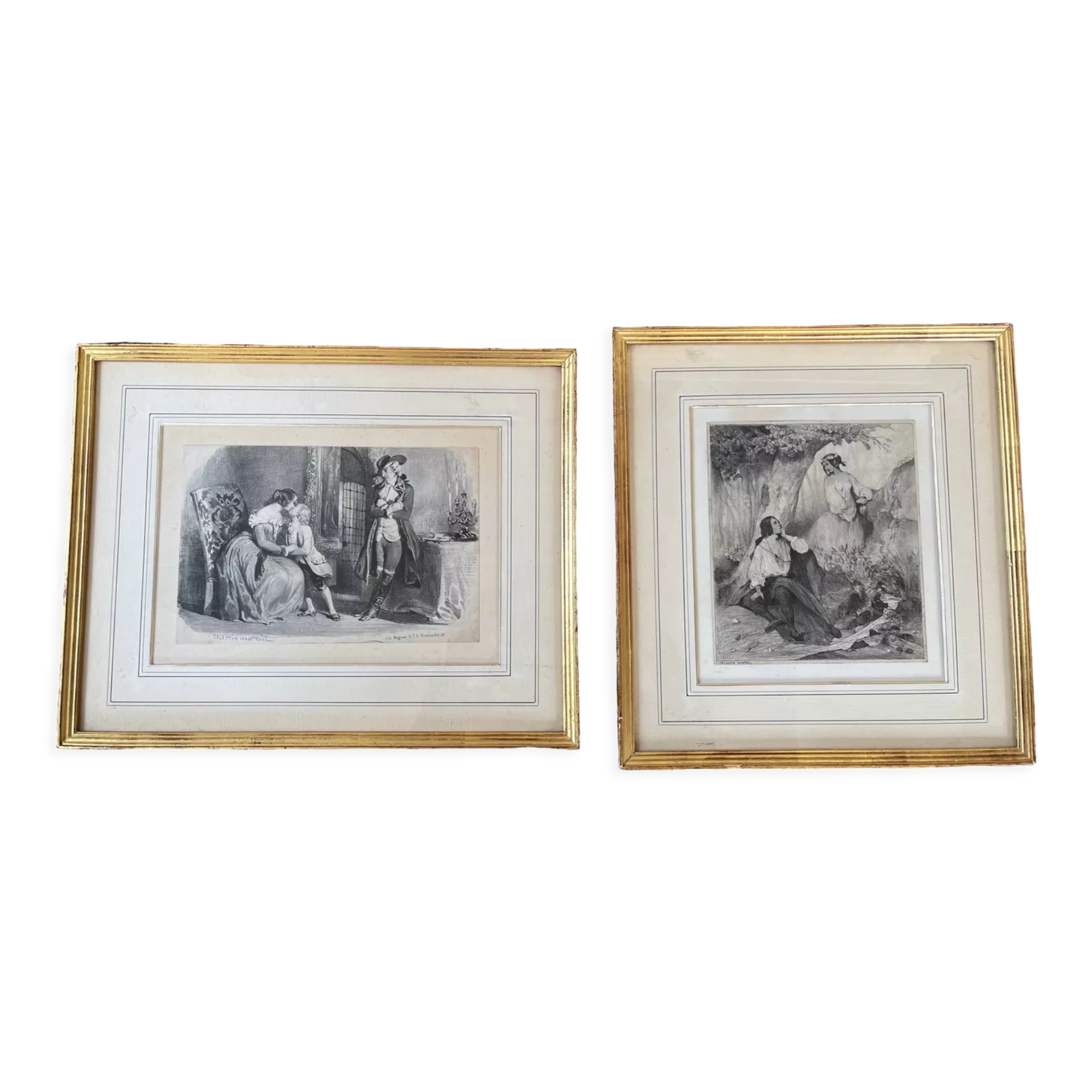 Pair of antique prints lithographs Célestin Nanteuil