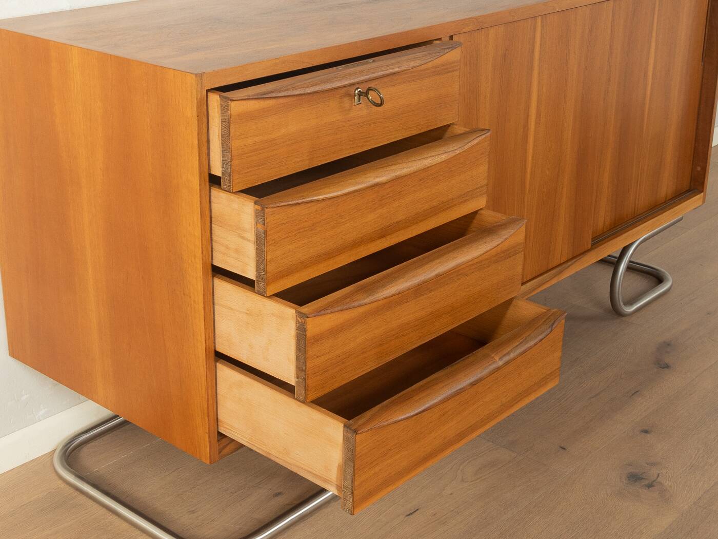 1950s sideboard, partly solid, walnut veneer, Bauhaus design, attributed to Franz Ehrlich
