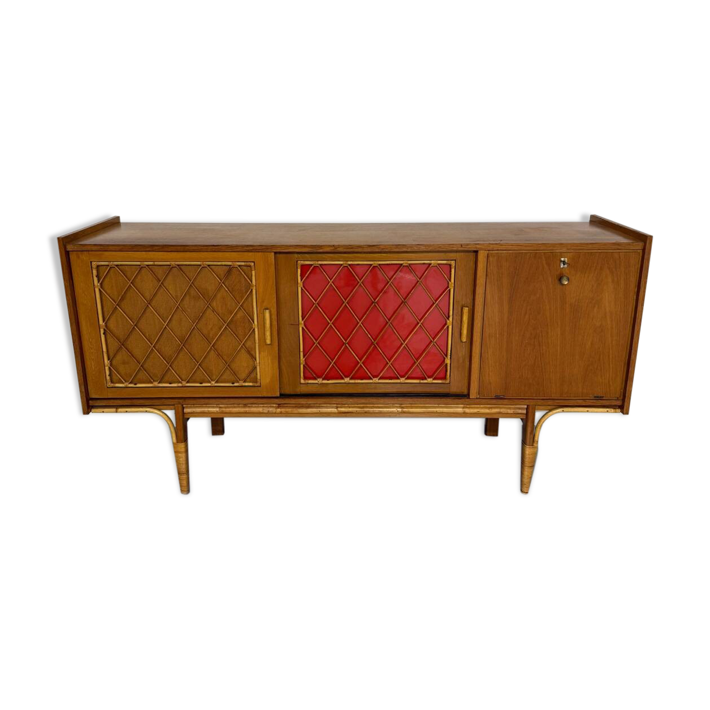 Antique French vintage 50s design wooden and rattan sideboard