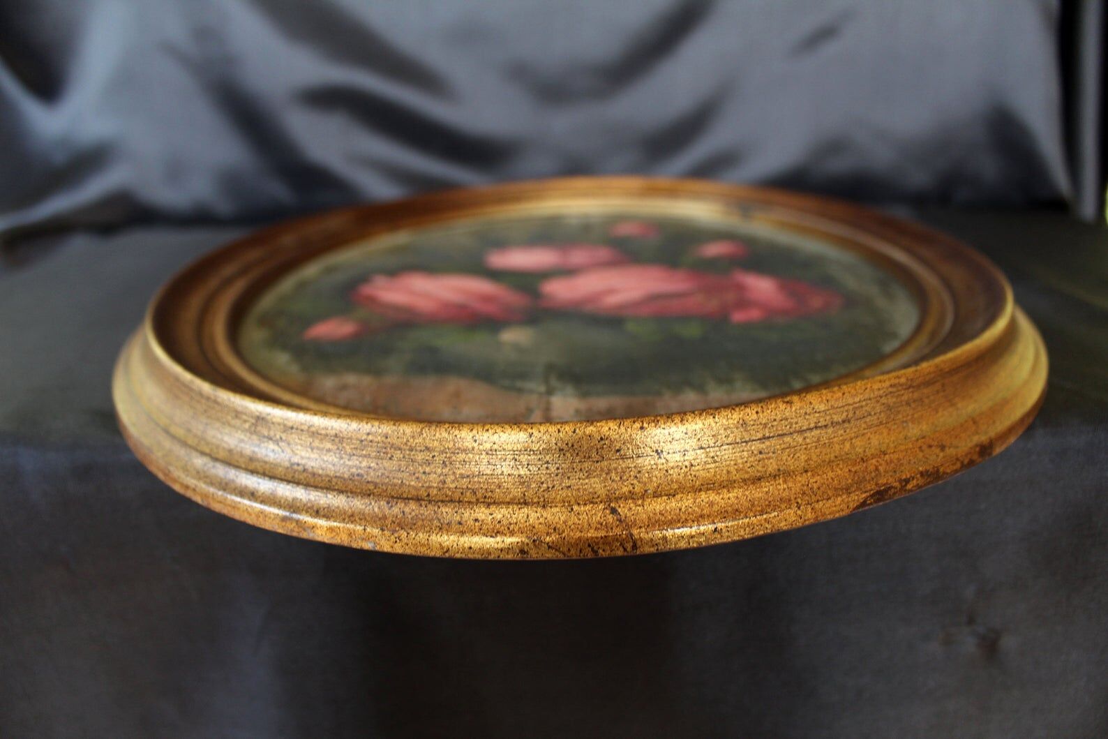 Antique vintage painting on wood, still life, oval frame, pink roses flower bouquet, signed, antique