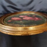 Antique vintage painting on wood, still life, oval frame, pink roses flower bouquet, signed, antique