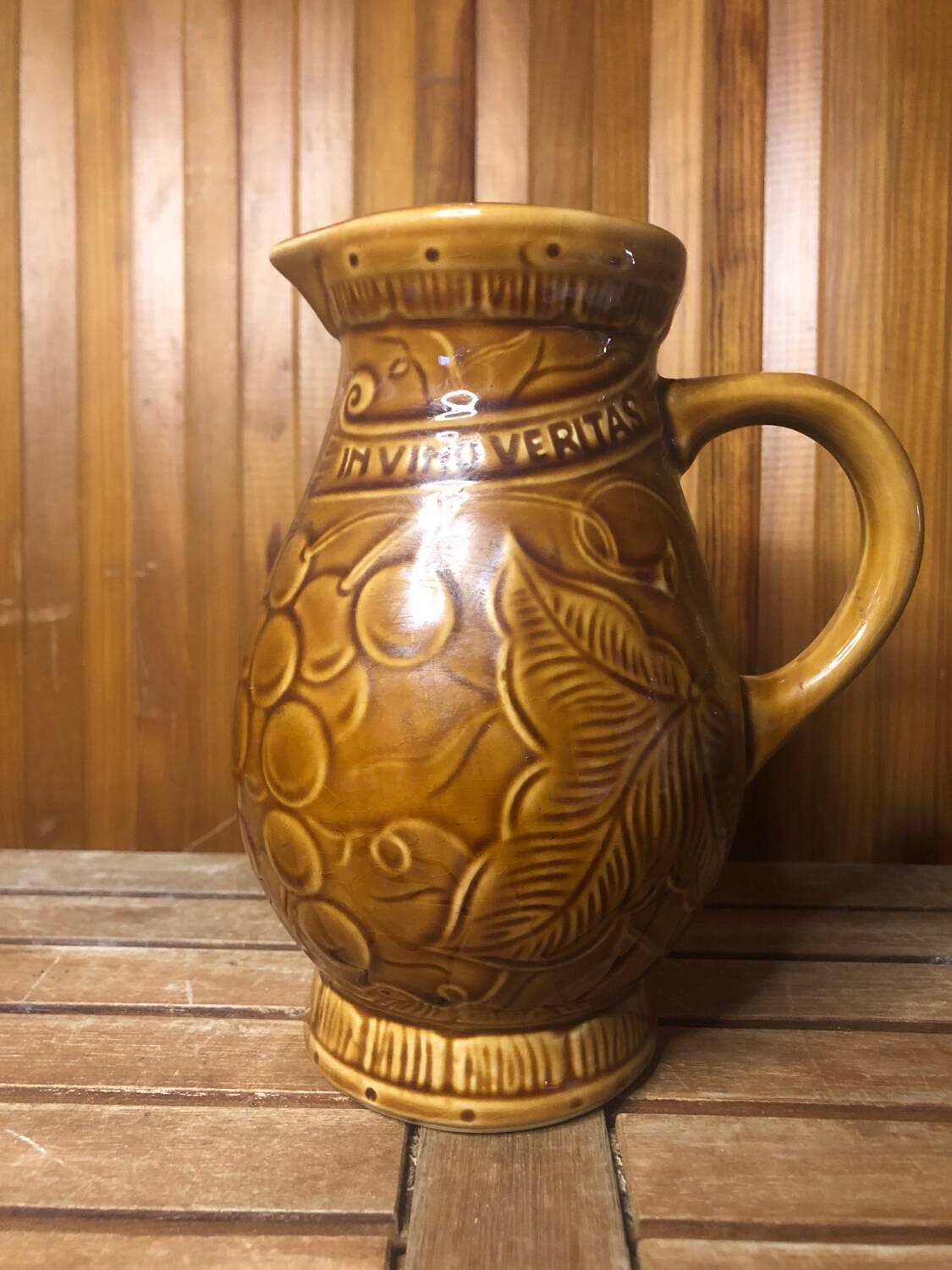 Old sarreguemines pitcher brown ceramic vintage vines decor #a430