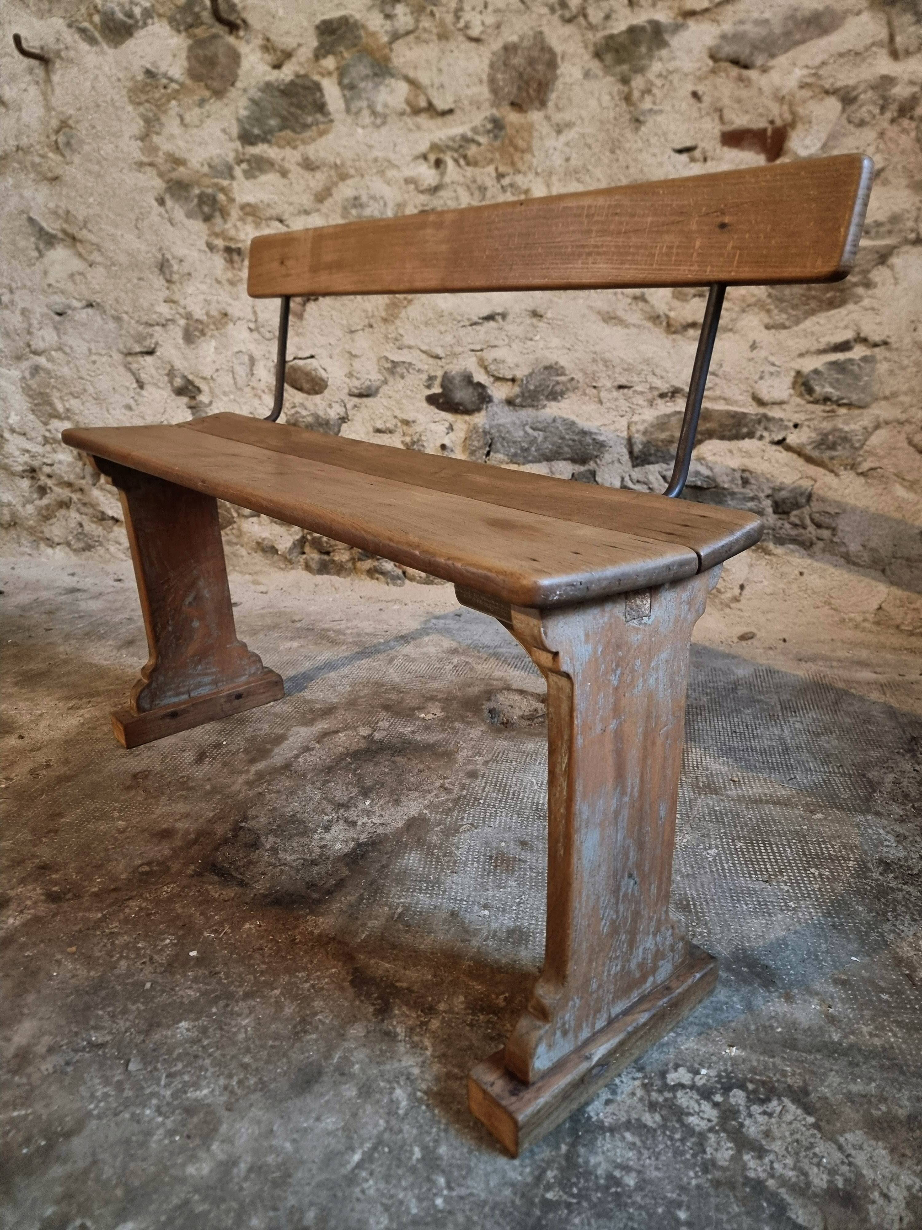 Banc en bois français vintage des années 1920 – Banc en hêtre massif avec dossier