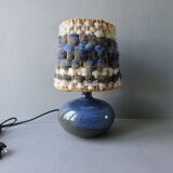 Blue stoneware lamp with wool lampshade, 70s-80s