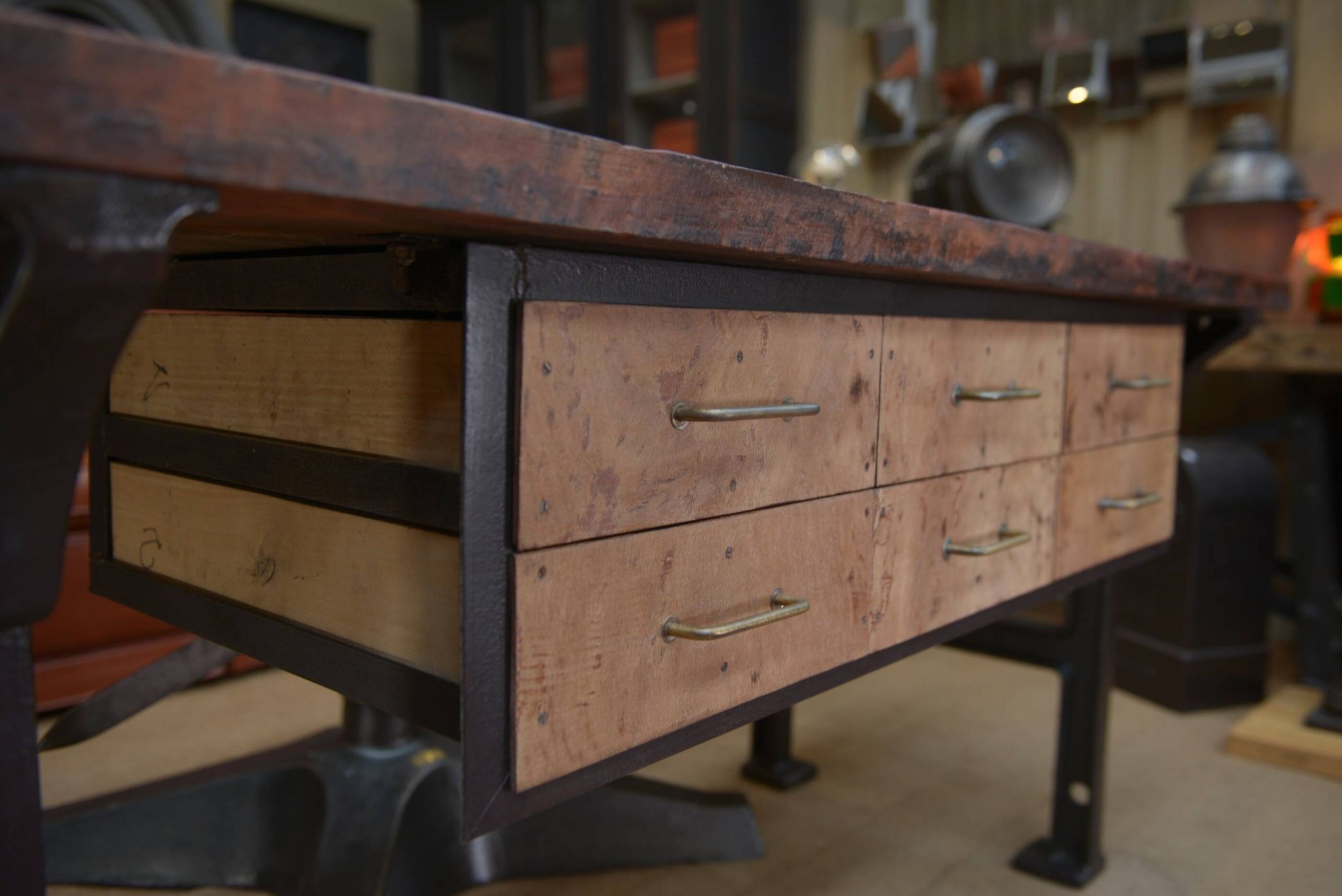 factory workbench in cast iron and wood 1930 with 9 drawers