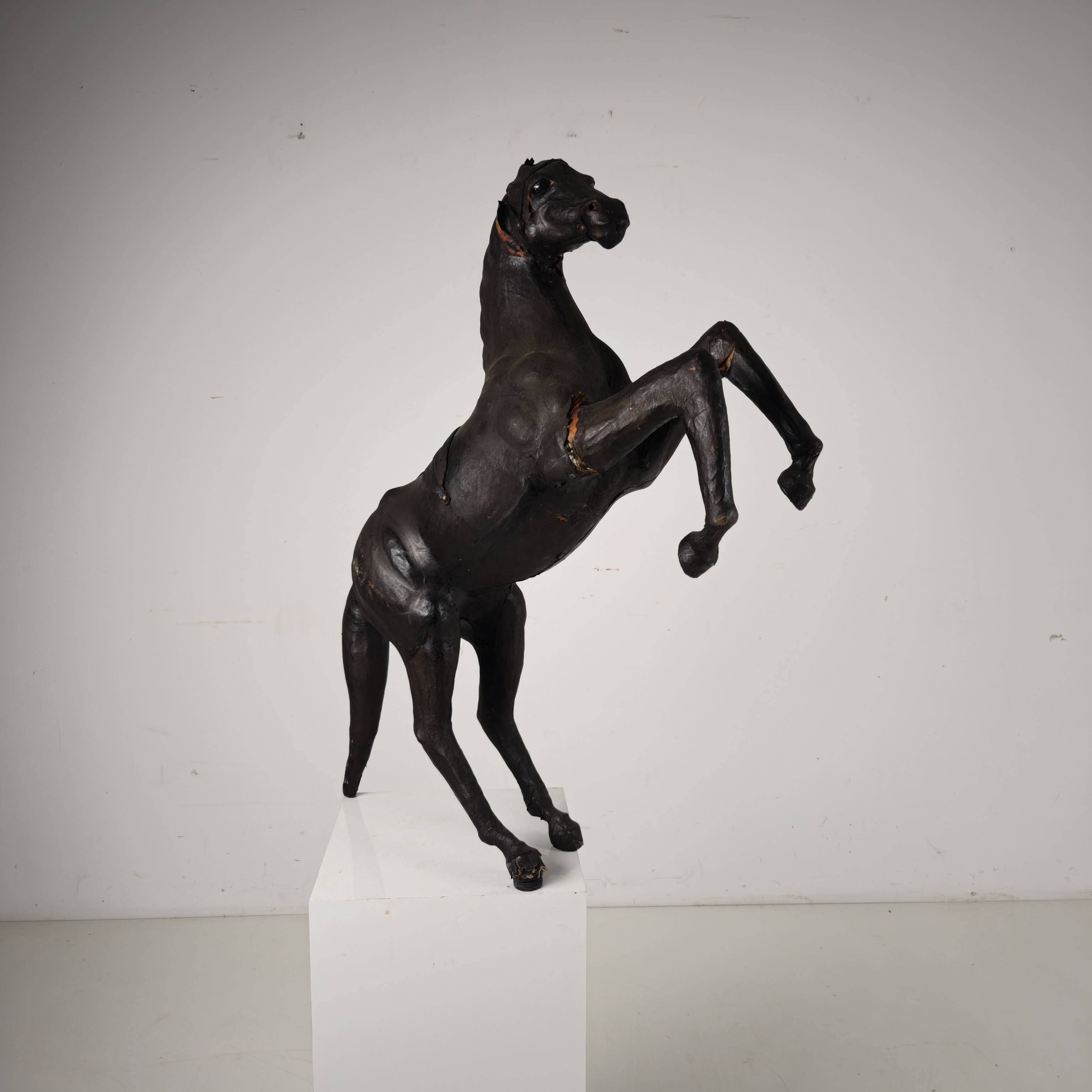 Early 20th Century Antique Leather Horse Sculpture with Glass Eyes