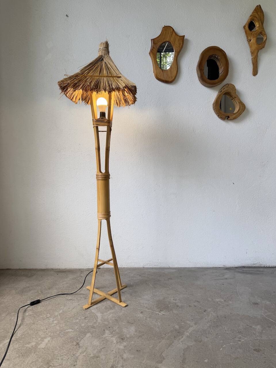 Bamboo and straw floor lamp 1980