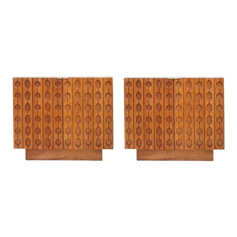 Contemporary Pair of Italian Sideboards Made of Solid Wood and Travertine