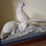 Art Deco ceramic, pair of pheasants in cracked earthenware on wooden base