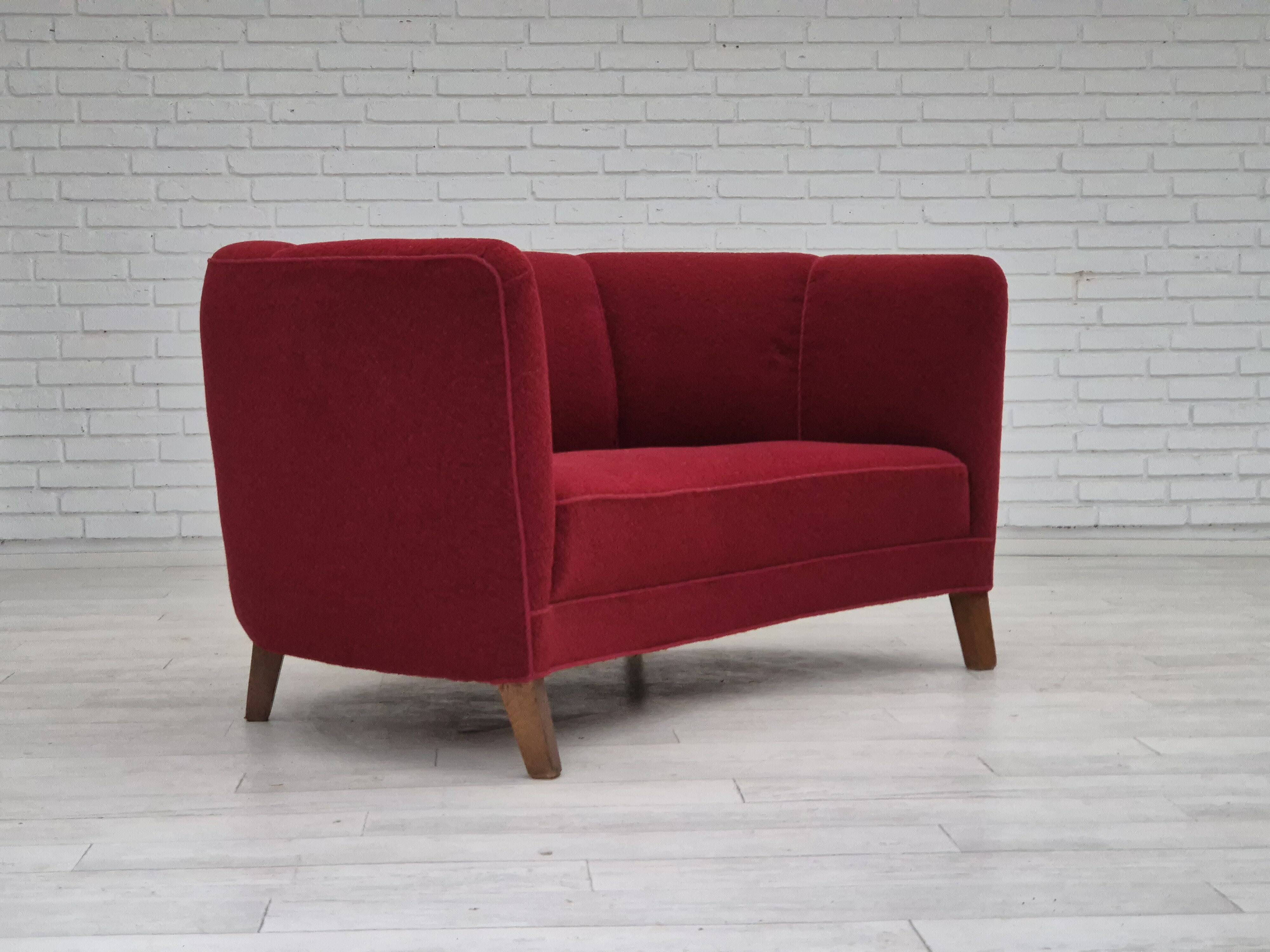 1960s, Danish 2-seater curved sofa, original red furniture fabric.