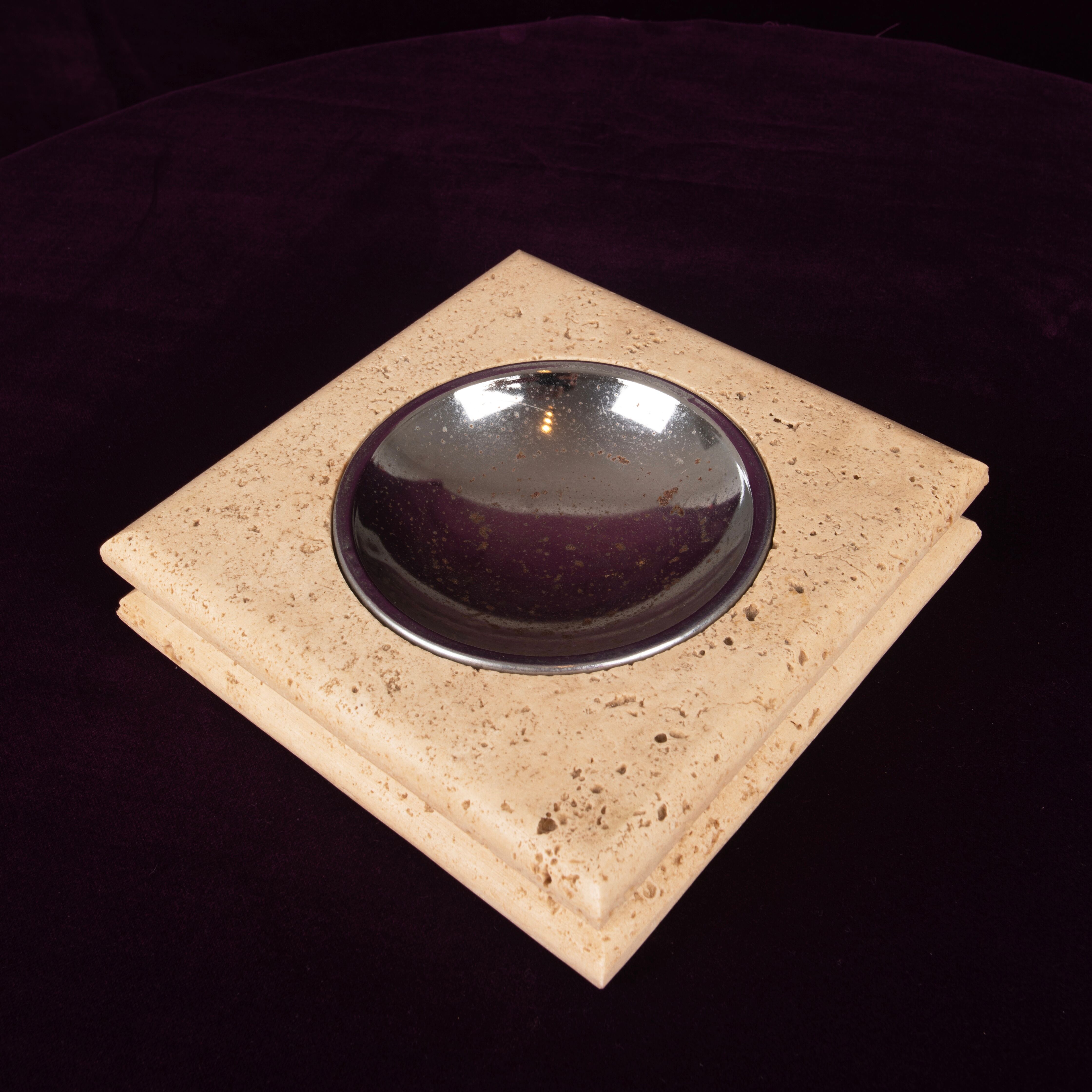 Square Italian Travertine Ashtray with Removable Metal Dish 1970