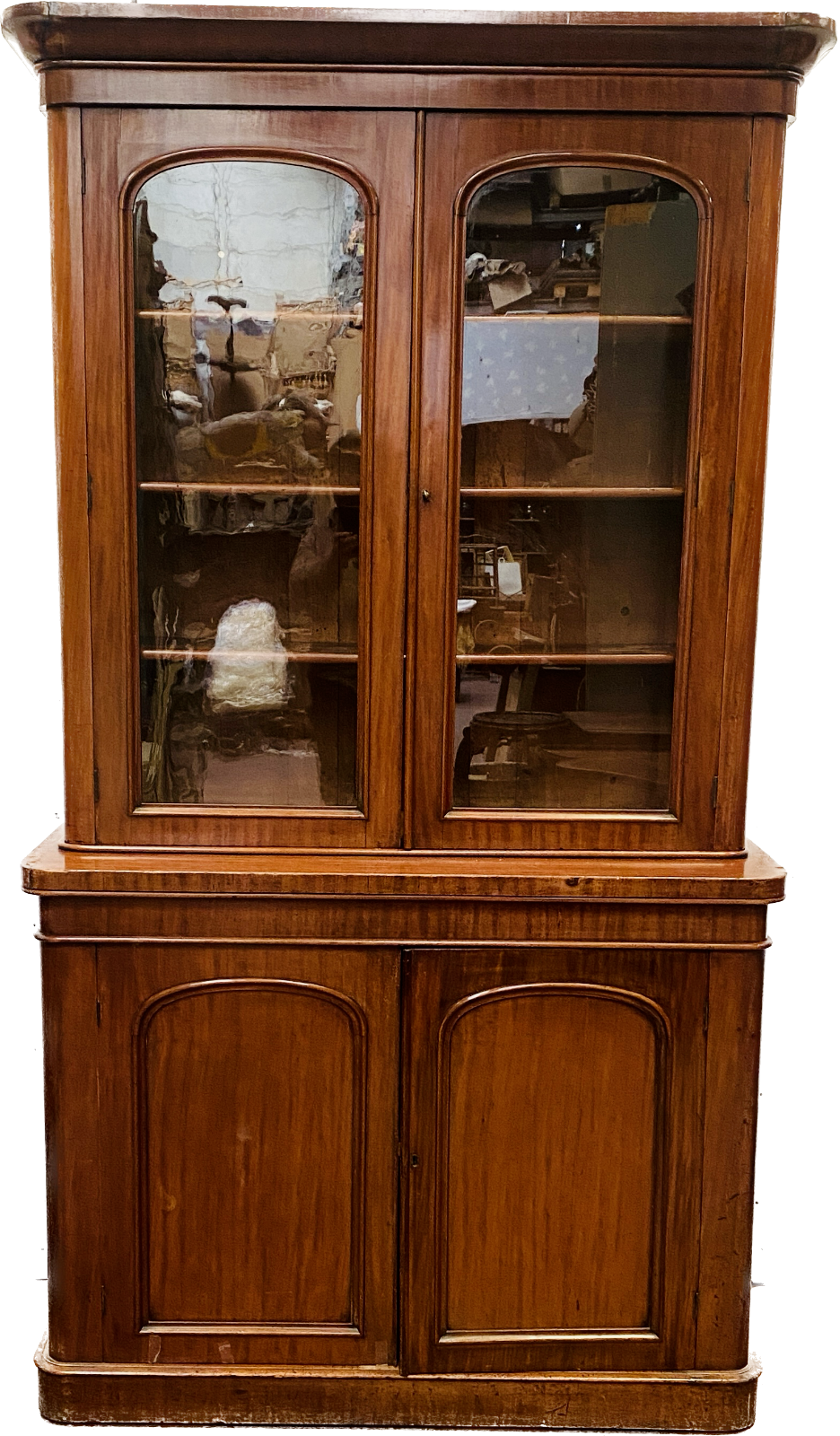 English showcase in two mahogany bodies and 19th century veneer