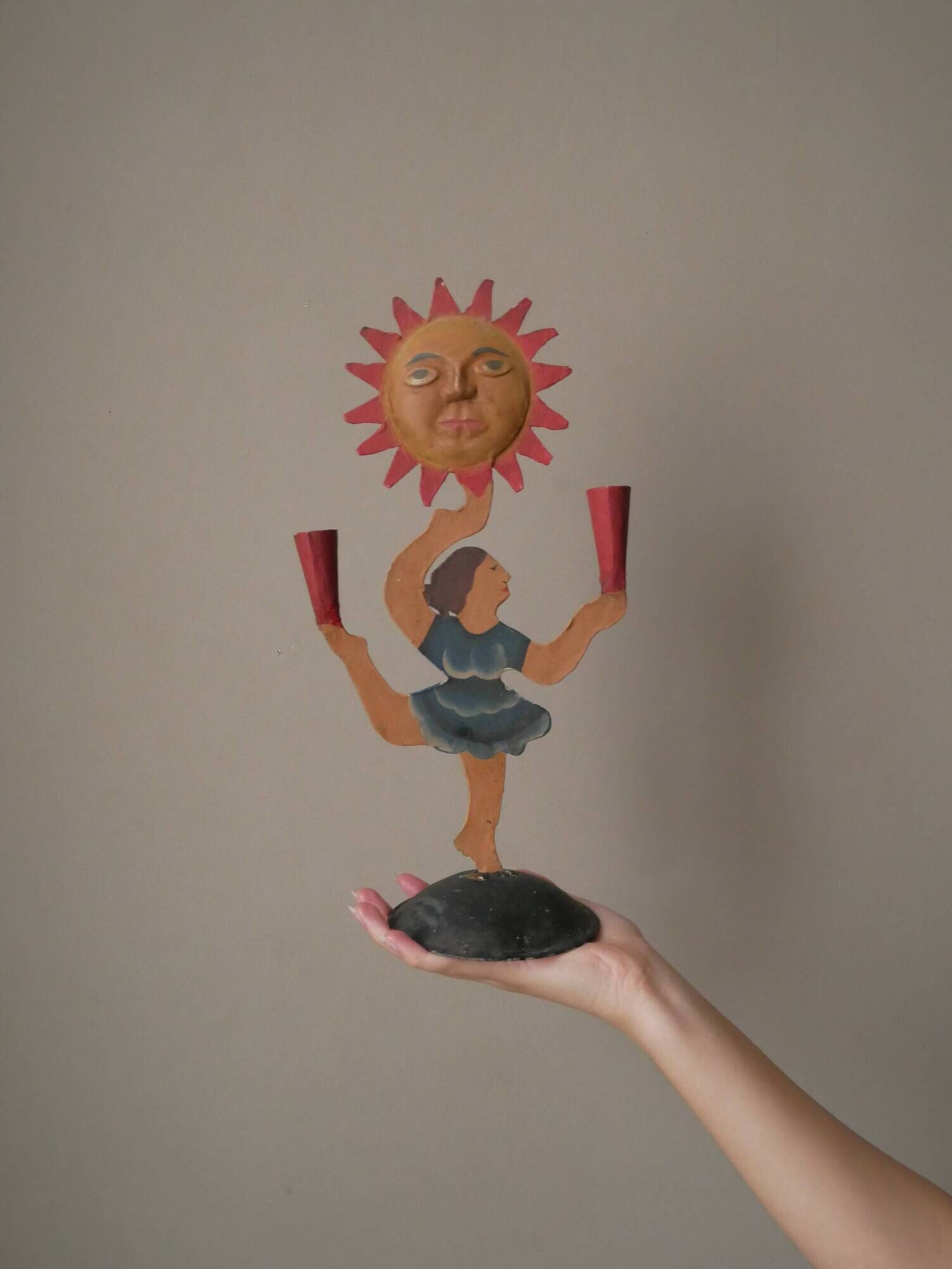 Vintage candelabra candlestick old candle holder in hand-painted metal Netherlands sun dancer