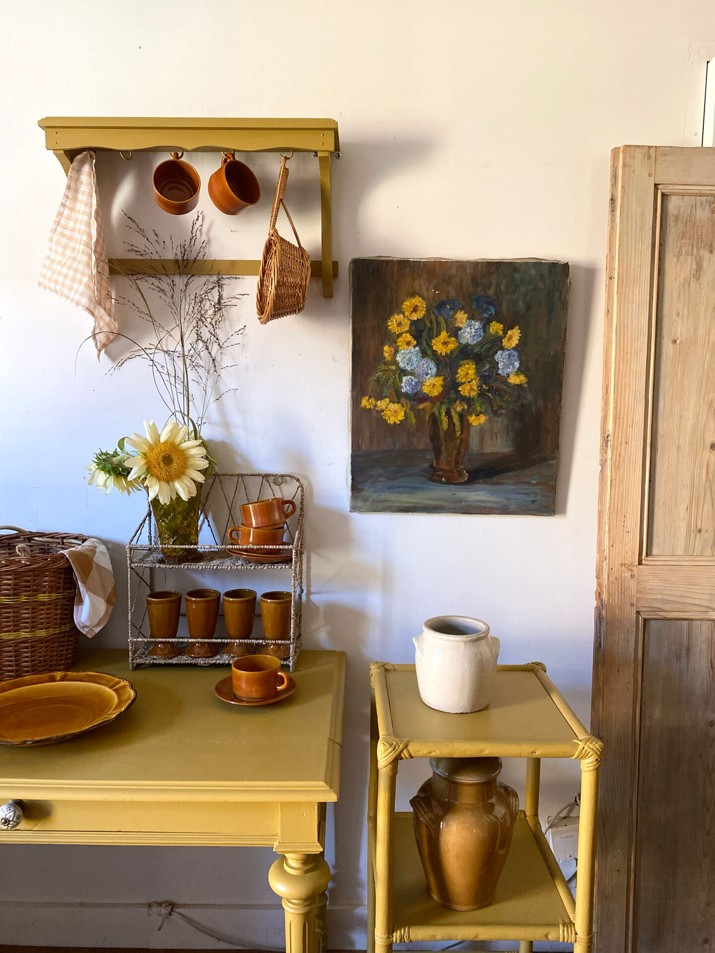 Oil on canvas, bouquet of yellow and blue flowers, mid-20th century.