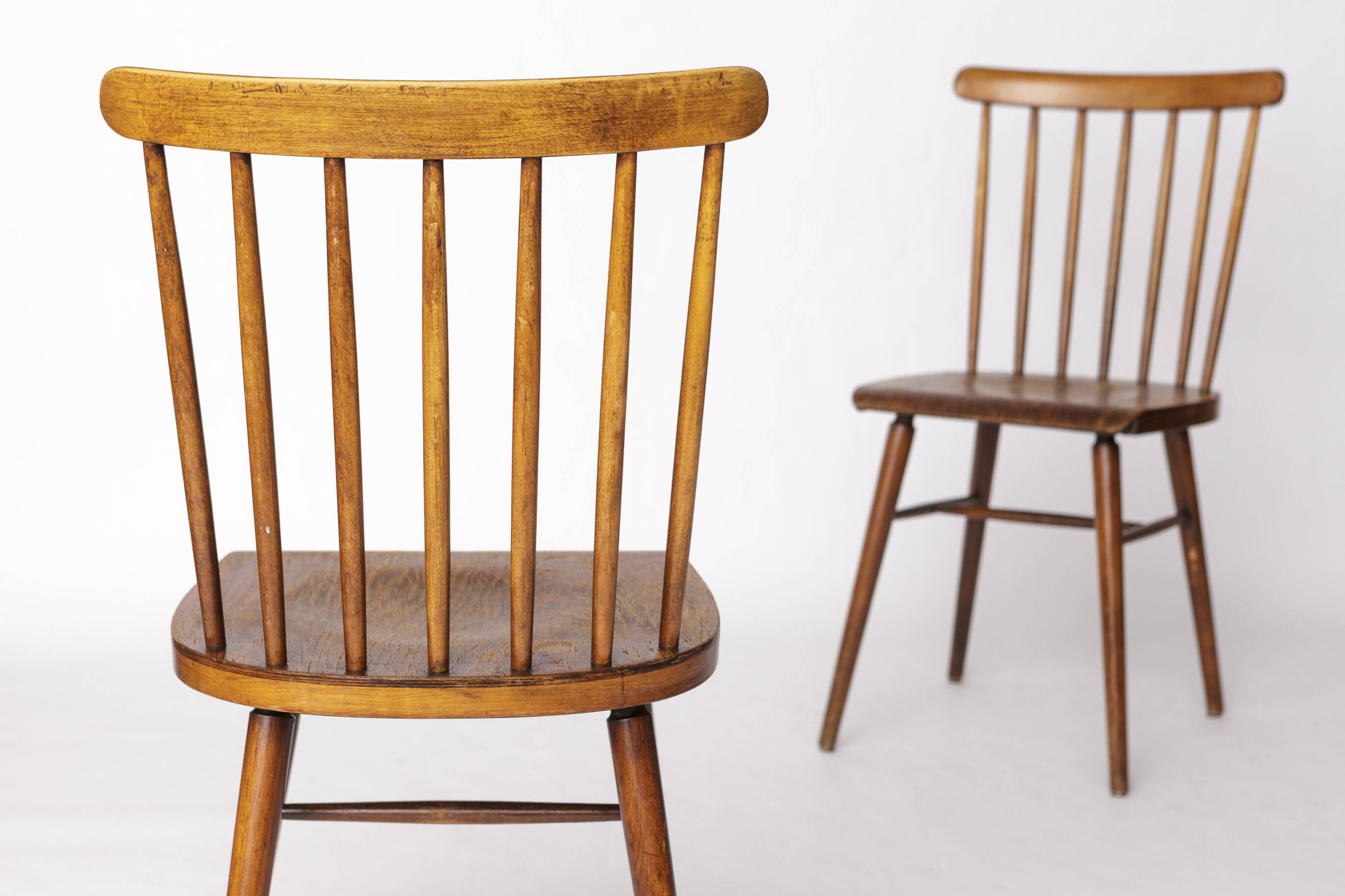 Pair of Vintage Spindle Back Chairs – 1970s Beech Wood, Restored