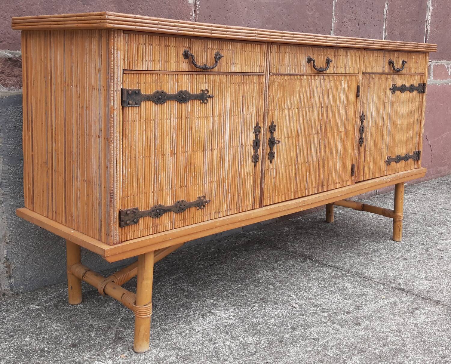 Console table in rattan and bamboo, (Attributed to Audoux-Minet)