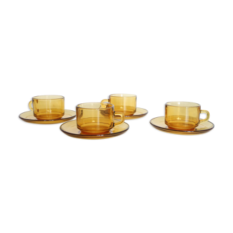 Set of 4 cups of amber glass, Vereco, vintage French